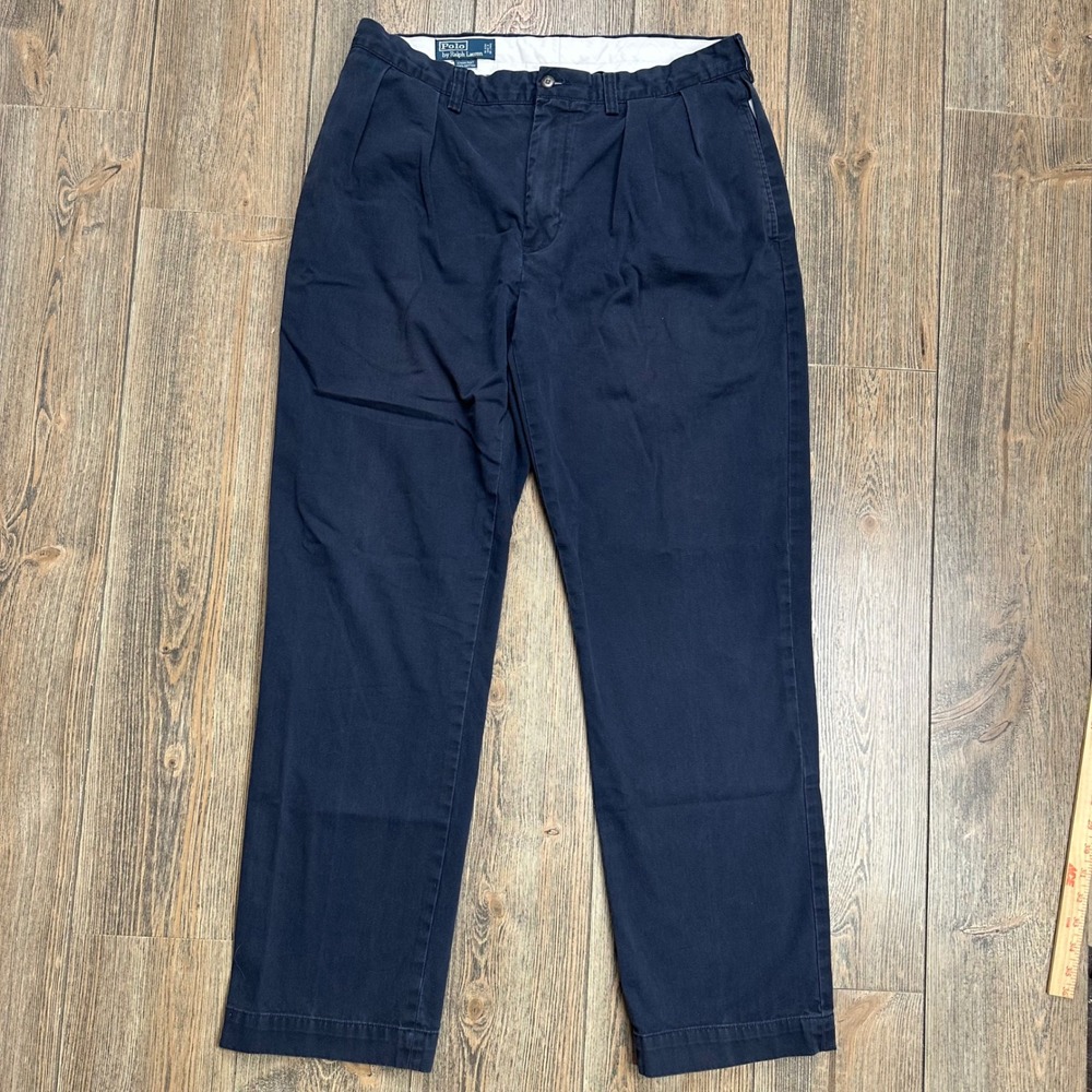 Polo Ralph Lauren Ethan Pant Mens 35x32 Navy Blue Pleated Cotton Chino Trousers